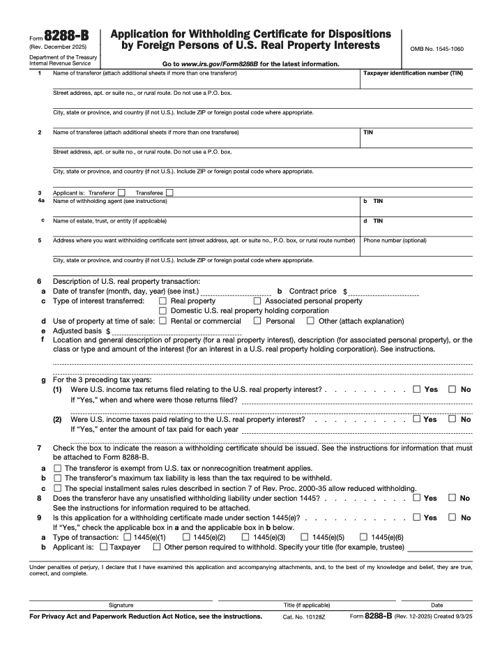 Page 1 of 4 of the official IRS Form 8288‑B PDF (Rev. December 2025)