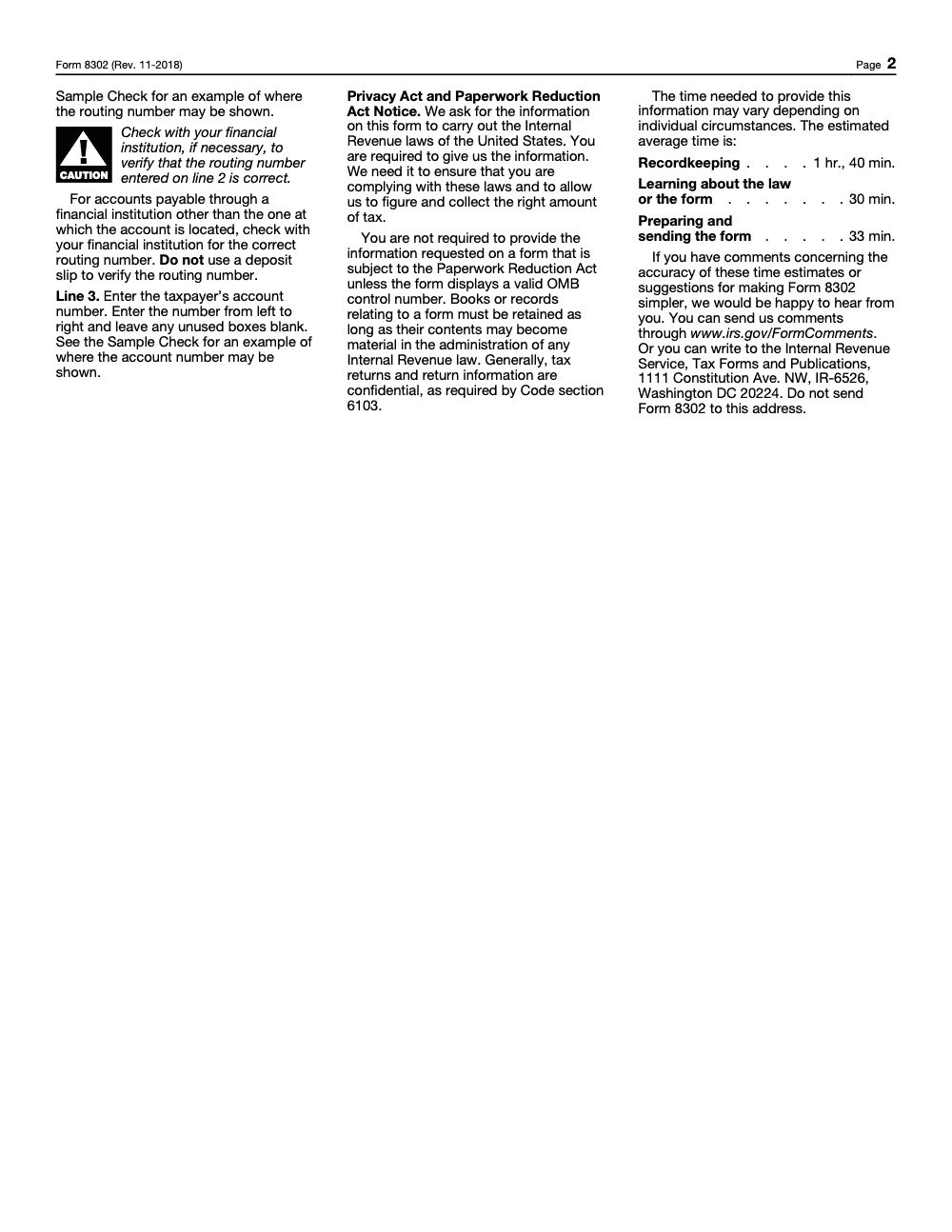 Page 2 of 2 of the official IRS Form 8302 Guide PDF (Rev. November 2018)