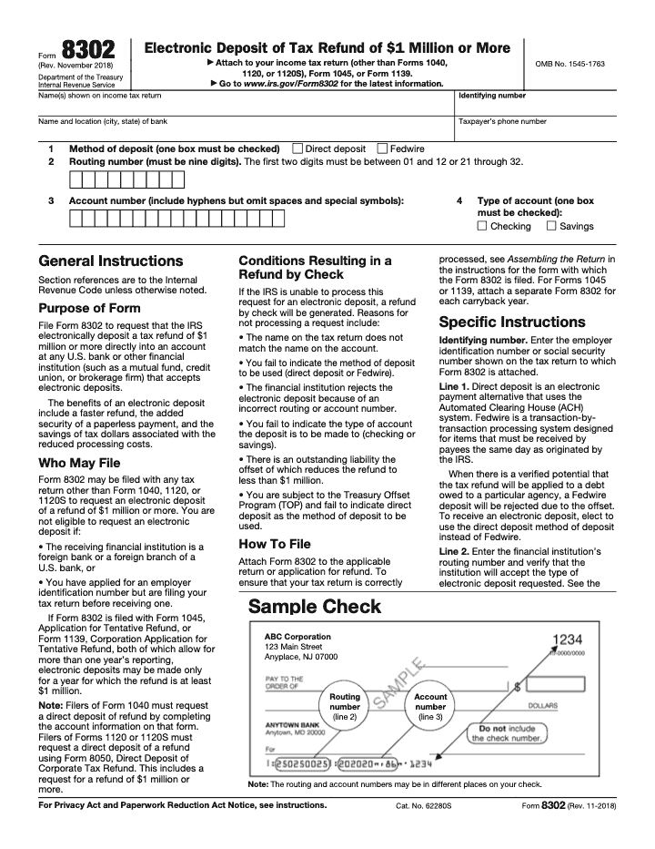 Page 1 of 2 of the official IRS Form 8302 Guide PDF (Rev. November 2018): instructions