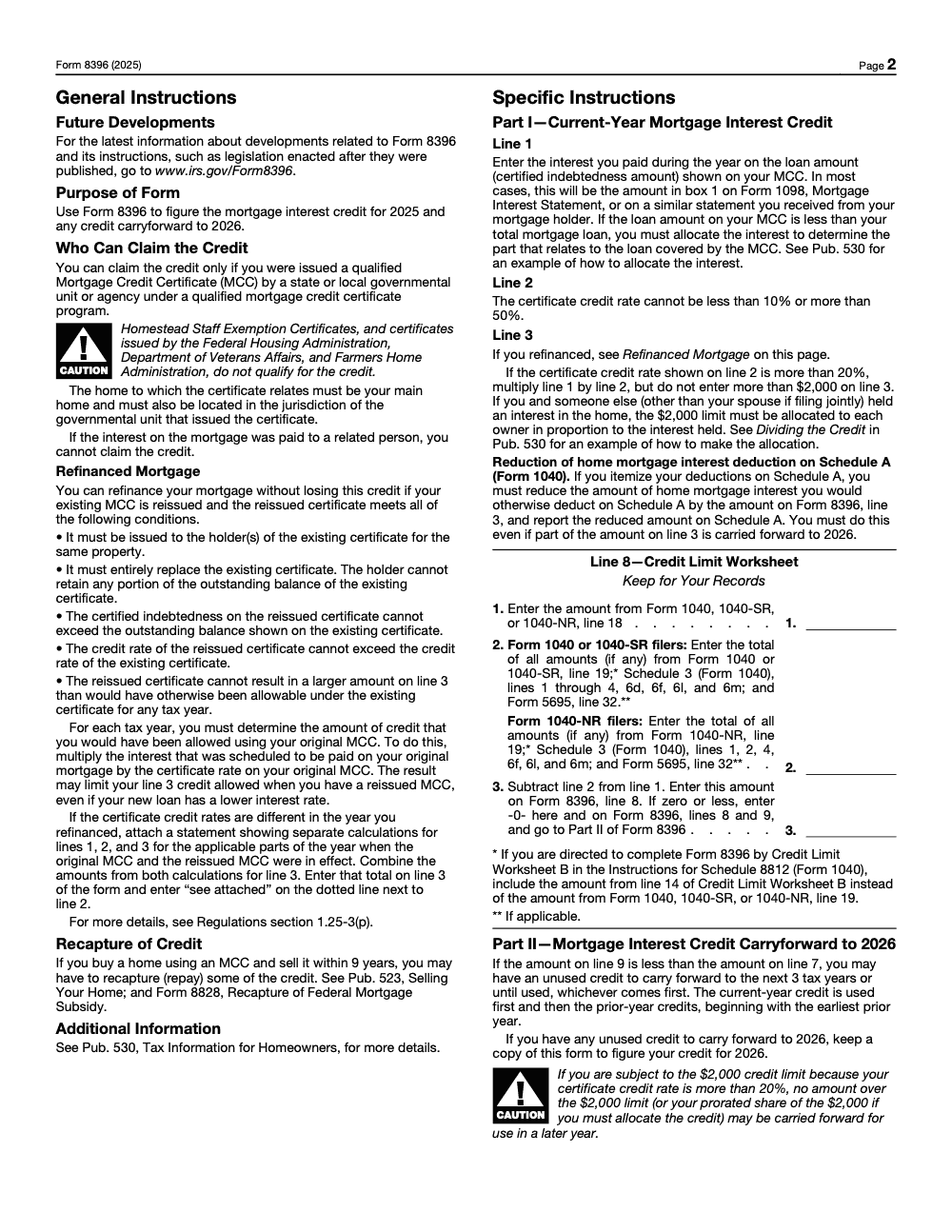 Page 2 of 2 of the official IRS Form 8396 Mortgage Interest Credit PDF (2025 edition): instructions