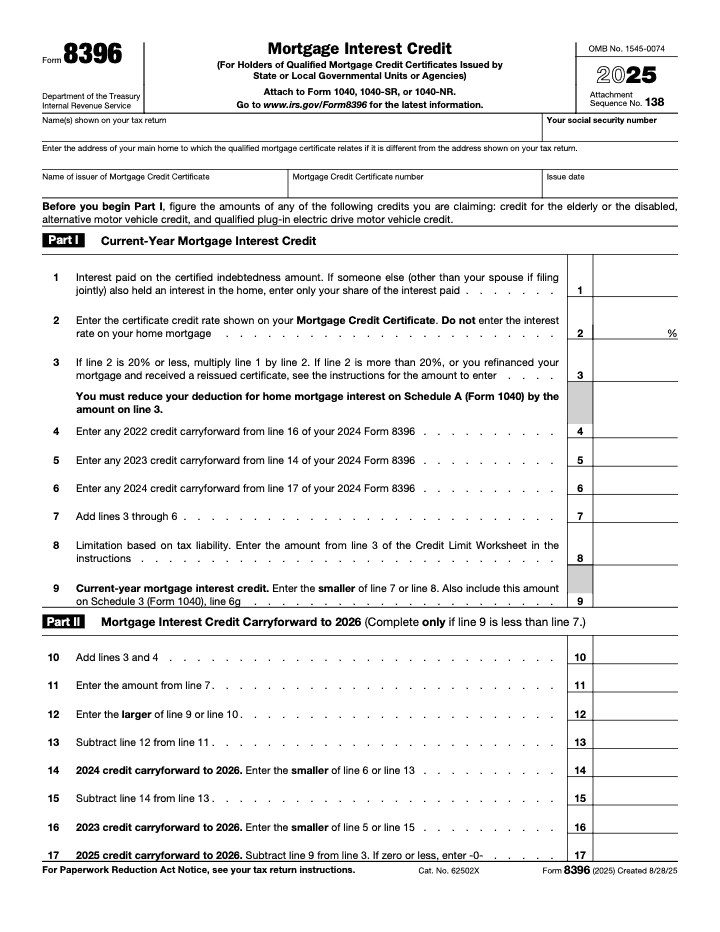 Page 1 of 2 of the official IRS Form 8396 Mortgage Interest Credit PDF (2025 edition): Parts I, II