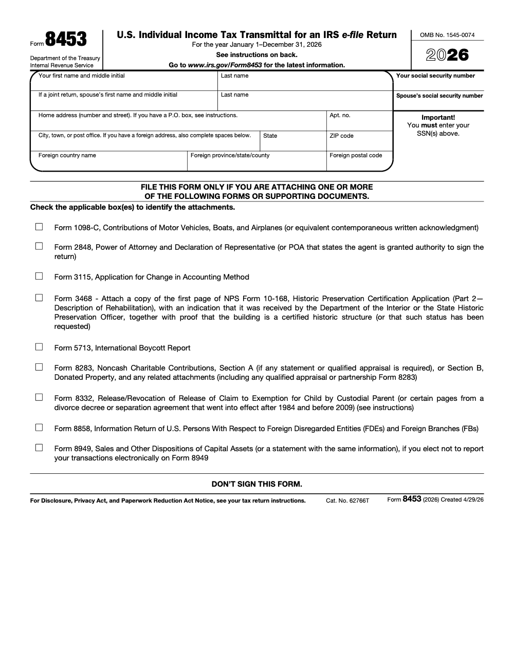 Page 1 of 2 of the official IRS Form 8453 PDF (2026 edition): Part 2