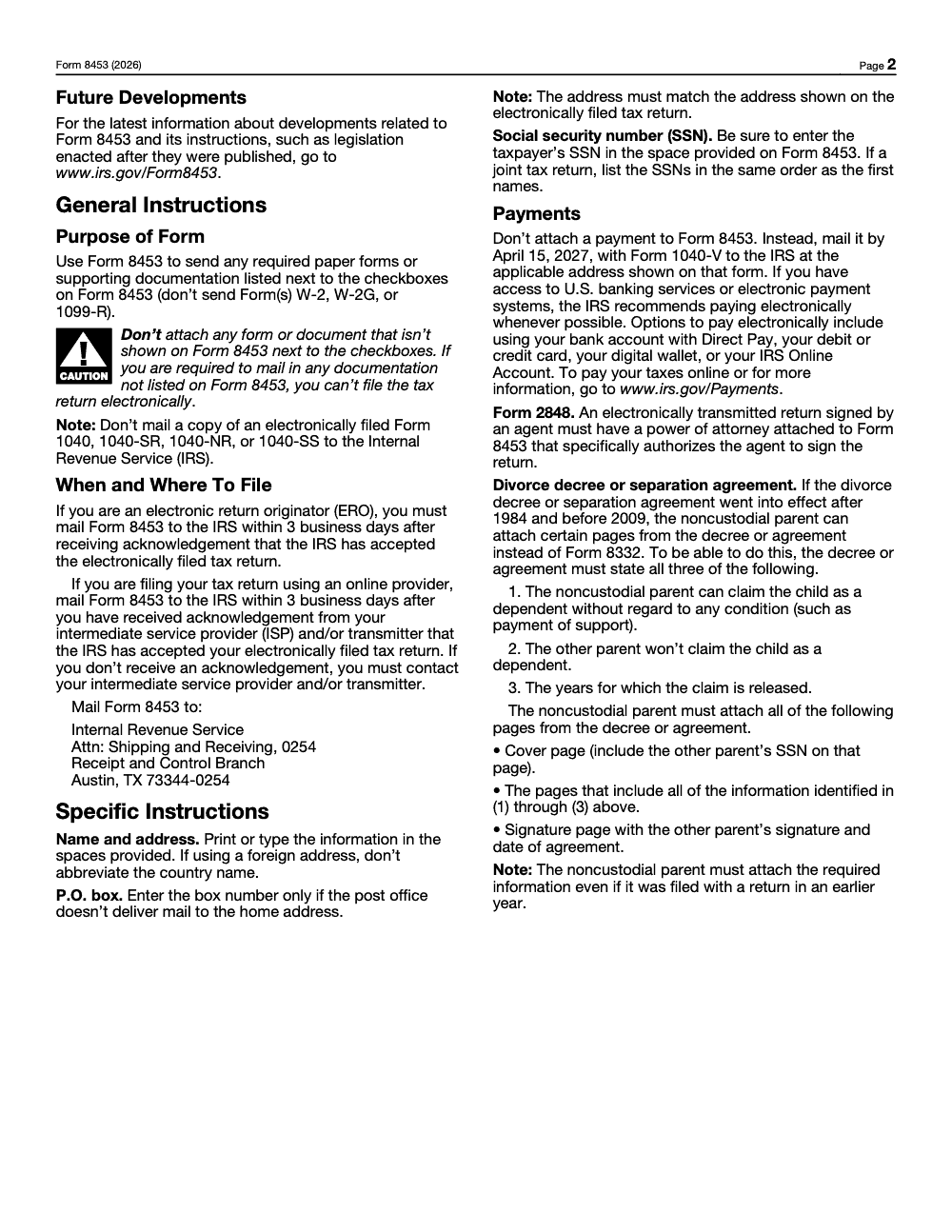Page 2 of 2 of the official IRS Form 8453 PDF (2026 edition): instructions