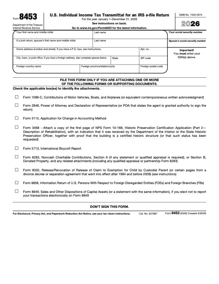 Page 1 of 2 of the official IRS Form 8453 PDF (2026 edition): Part 2