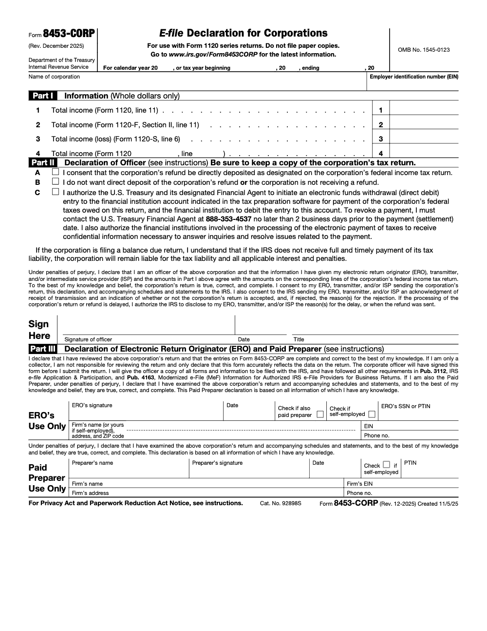 Page 1 of 2 of the official IRS Form 8453-CORP PDF (Rev. December 2025): Parts I, II