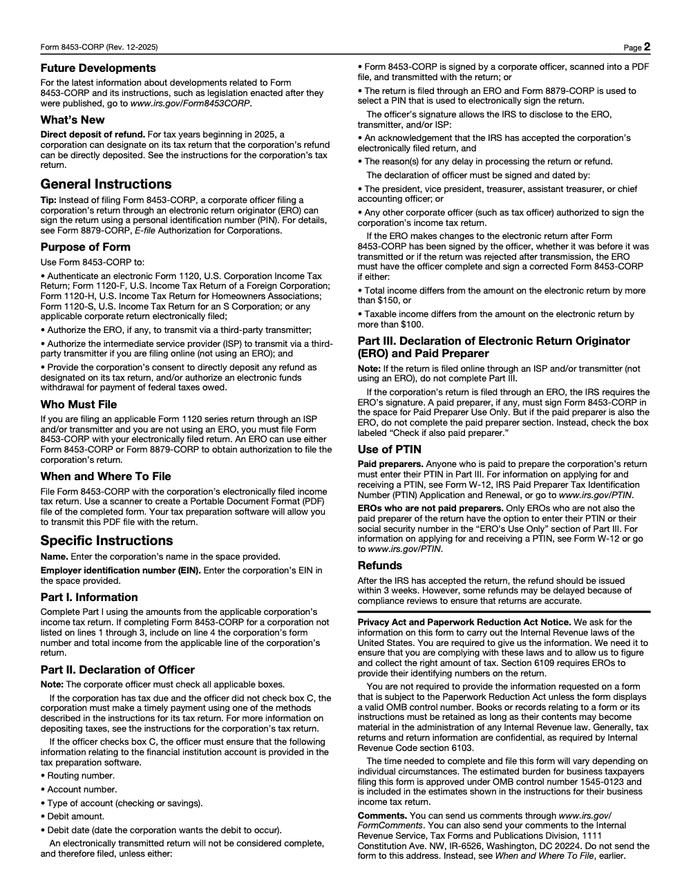 Page 2 of 2 of the official IRS Form 8453-CORP PDF (Rev. December 2025): Part I; instructions
