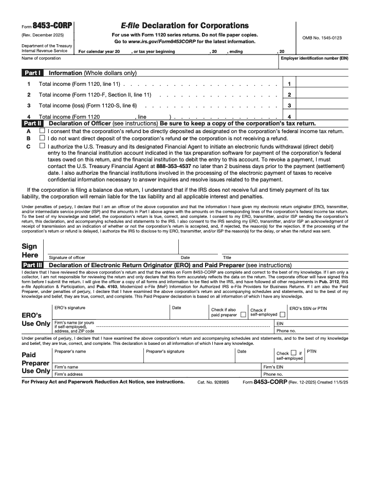 Page 1 of 2 of the official IRS Form 8453-CORP PDF (Rev. December 2025): Parts I, II