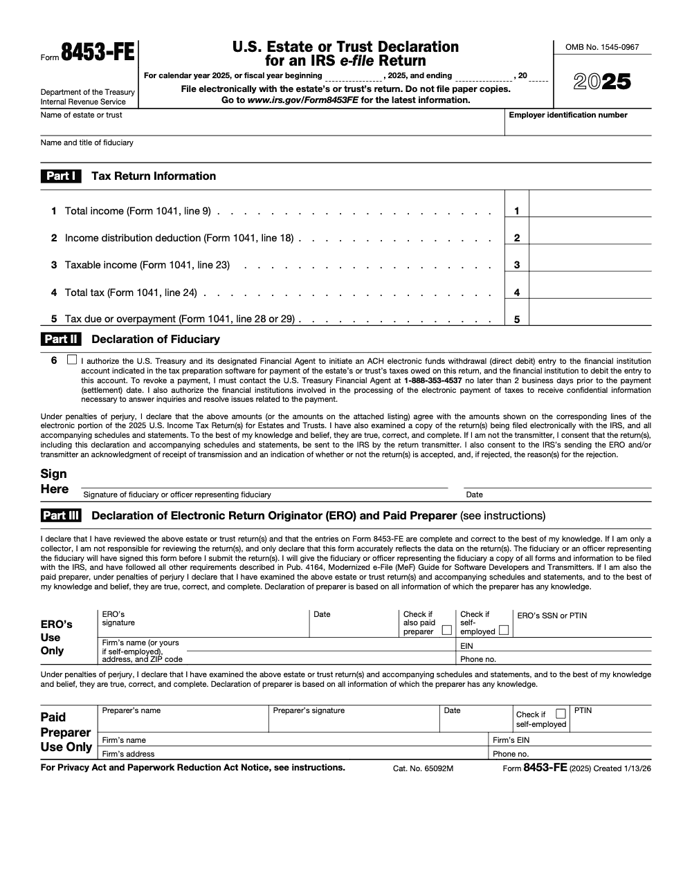Page 1 of 2 of the official IRS Form 8453-FE PDF (2025 edition): Parts I, II
