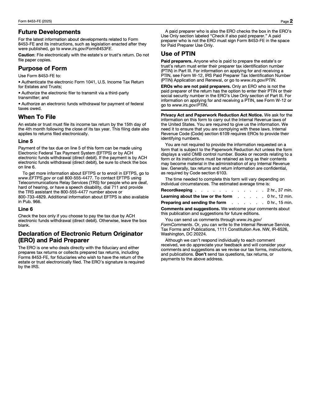 Page 2 of 2 of the official IRS Form 8453-FE PDF (2025 edition): Part III