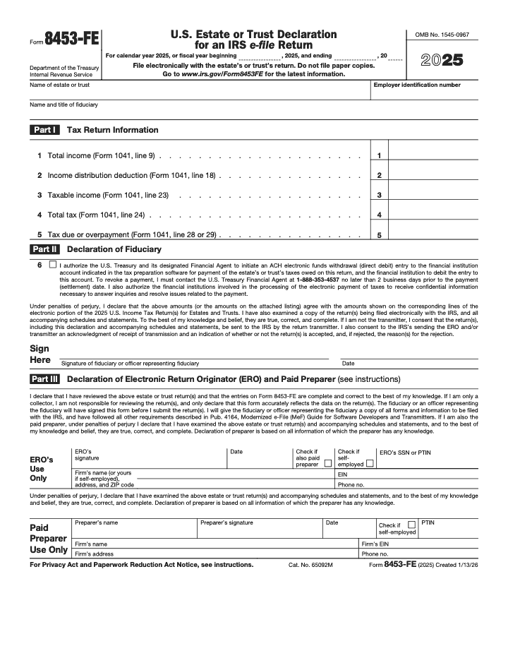Page 1 of 2 of the official IRS Form 8453-FE PDF (2025 edition): Parts I, II