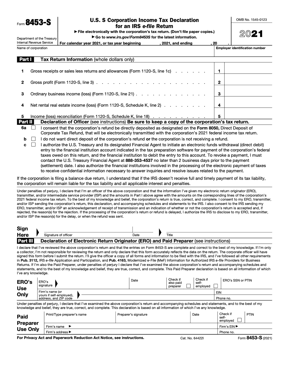 Page 1 of 2 of the official IRS Form 8453-S PDF (2021 edition): Parts I, II