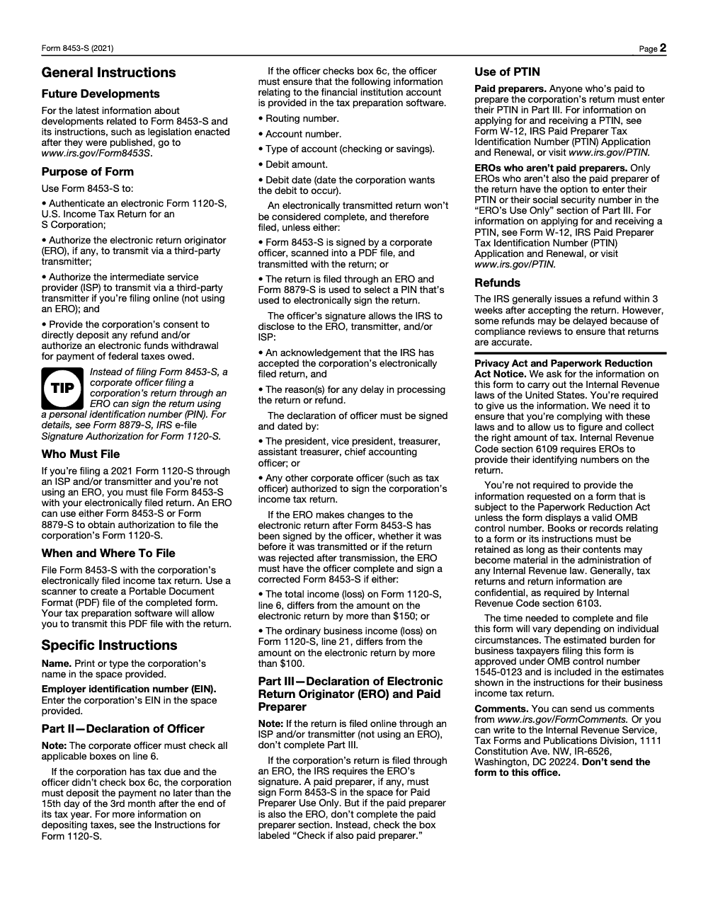 Page 2 of 2 of the official IRS Form 8453-S PDF (2021 edition): Part II; instructions