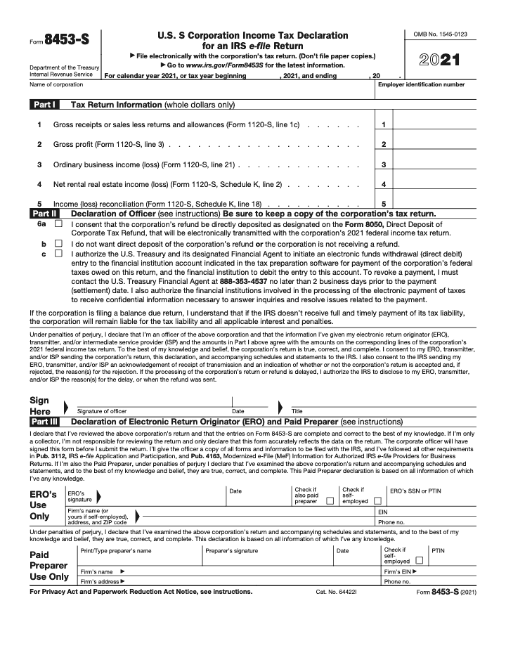 Page 1 of 2 of the official IRS Form 8453-S PDF (2021 edition): Parts I, II