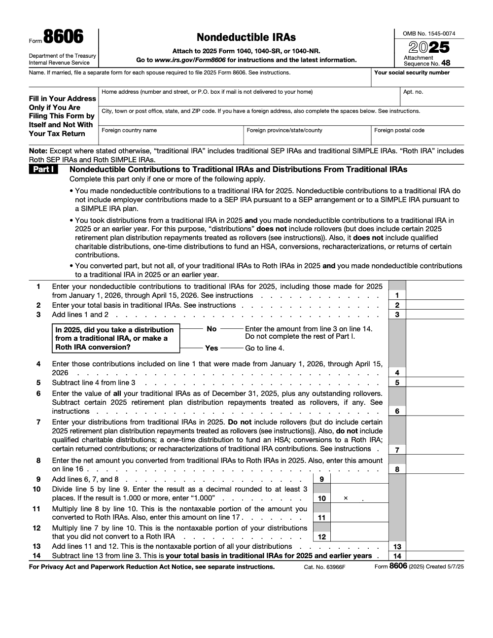Page 1 of 2 of the official IRS Form 8606 PDF (2025 edition): Part I