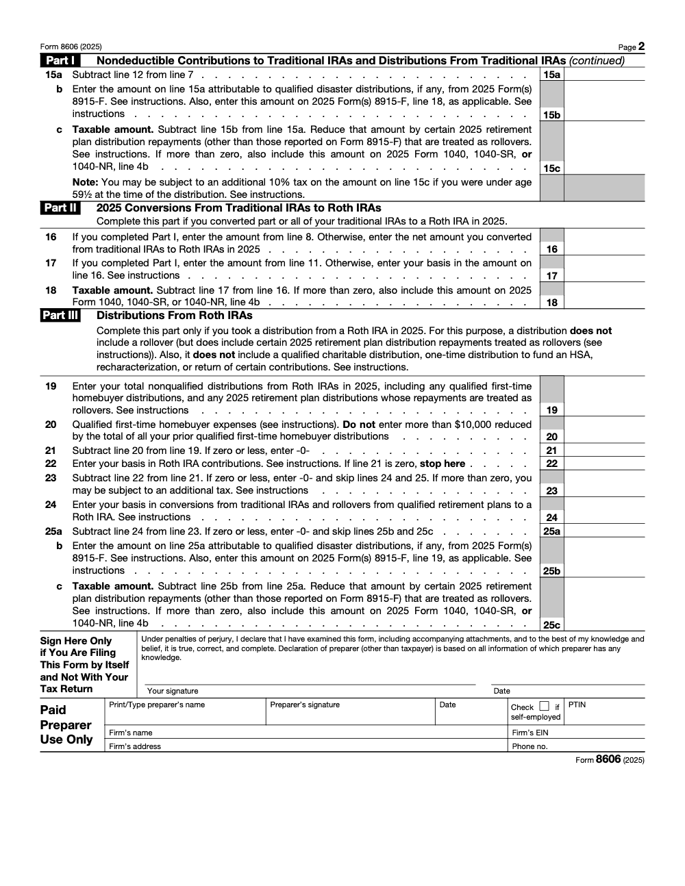 Page 2 of 2 of the official IRS Form 8606 PDF (2025 edition): Parts I, II, III