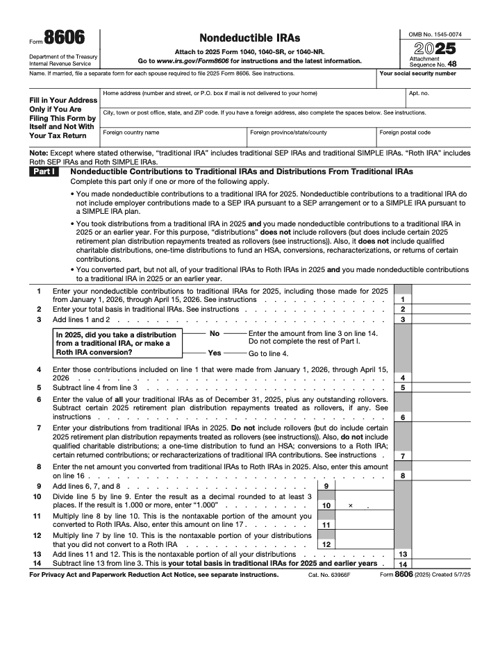 Page 1 of 2 of the official IRS Form 8606 PDF (2025 edition): Part I