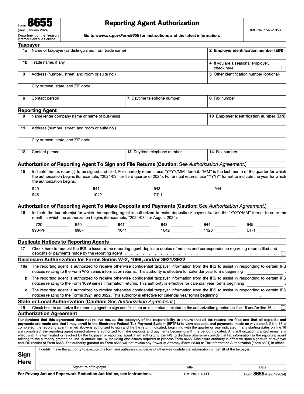Page 1 of 3 of the official IRS Form 8655 PDF (Rev. January 2024)