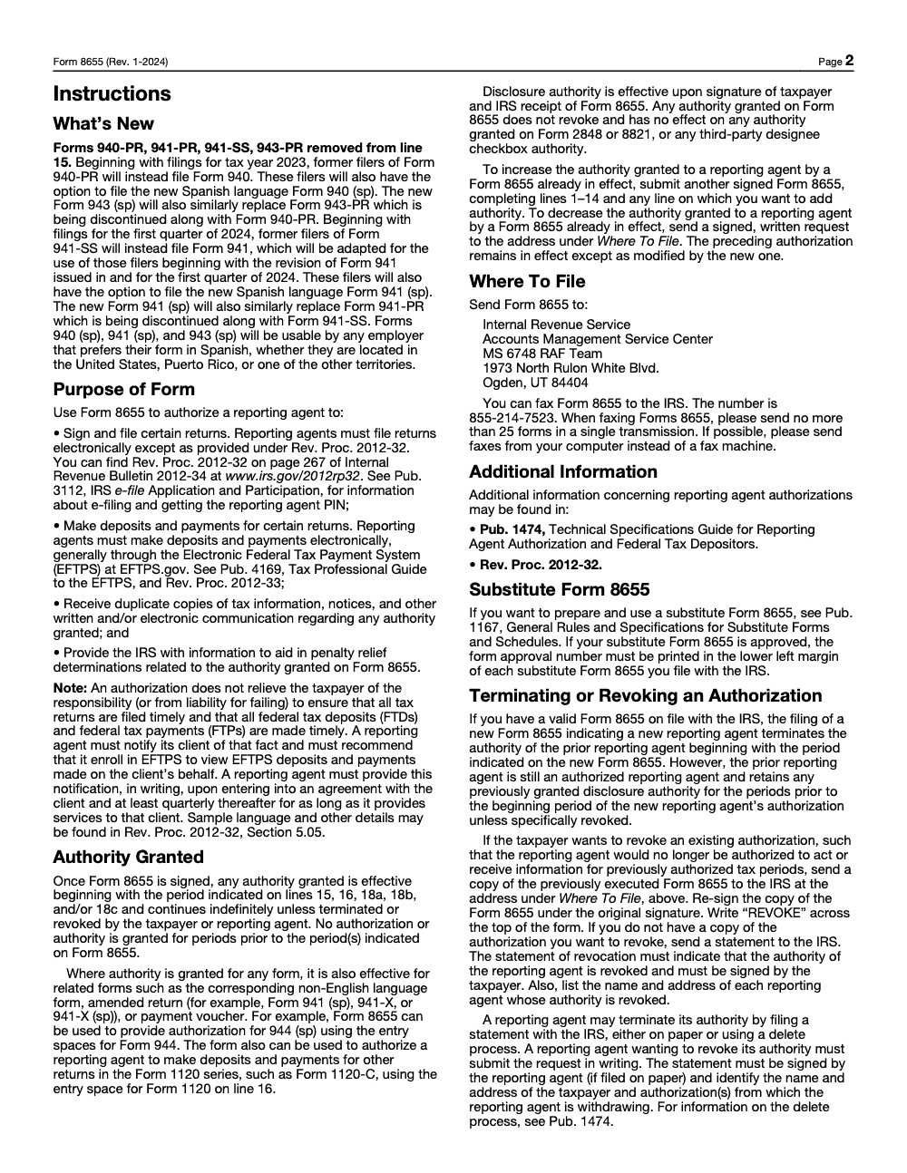 Page 2 of 3 of the official IRS Form 8655 PDF (Rev. January 2024)