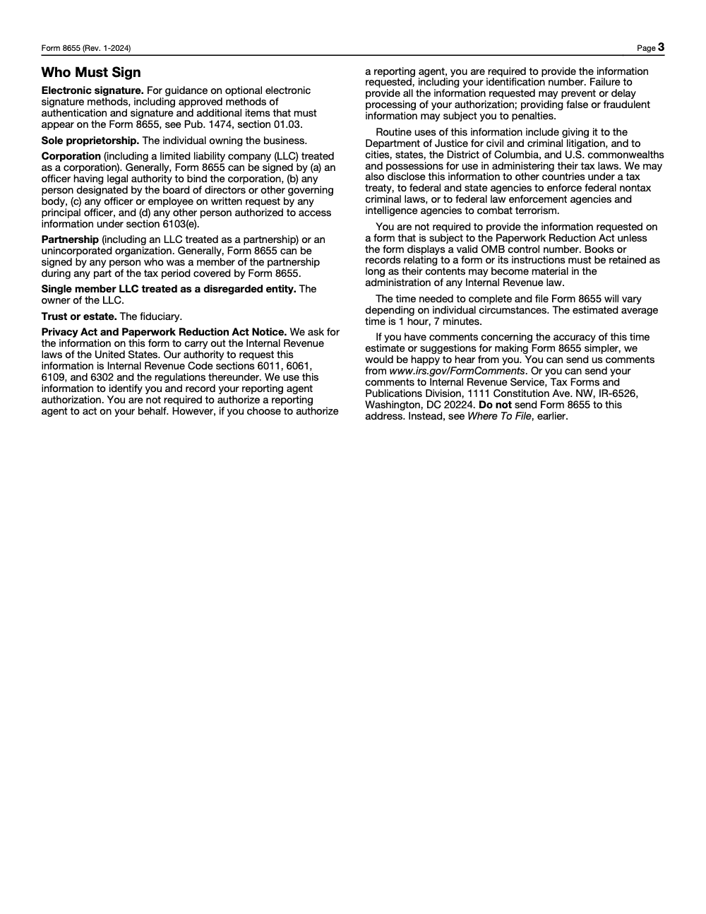 Page 3 of 3 of the official IRS Form 8655 PDF (Rev. January 2024)
