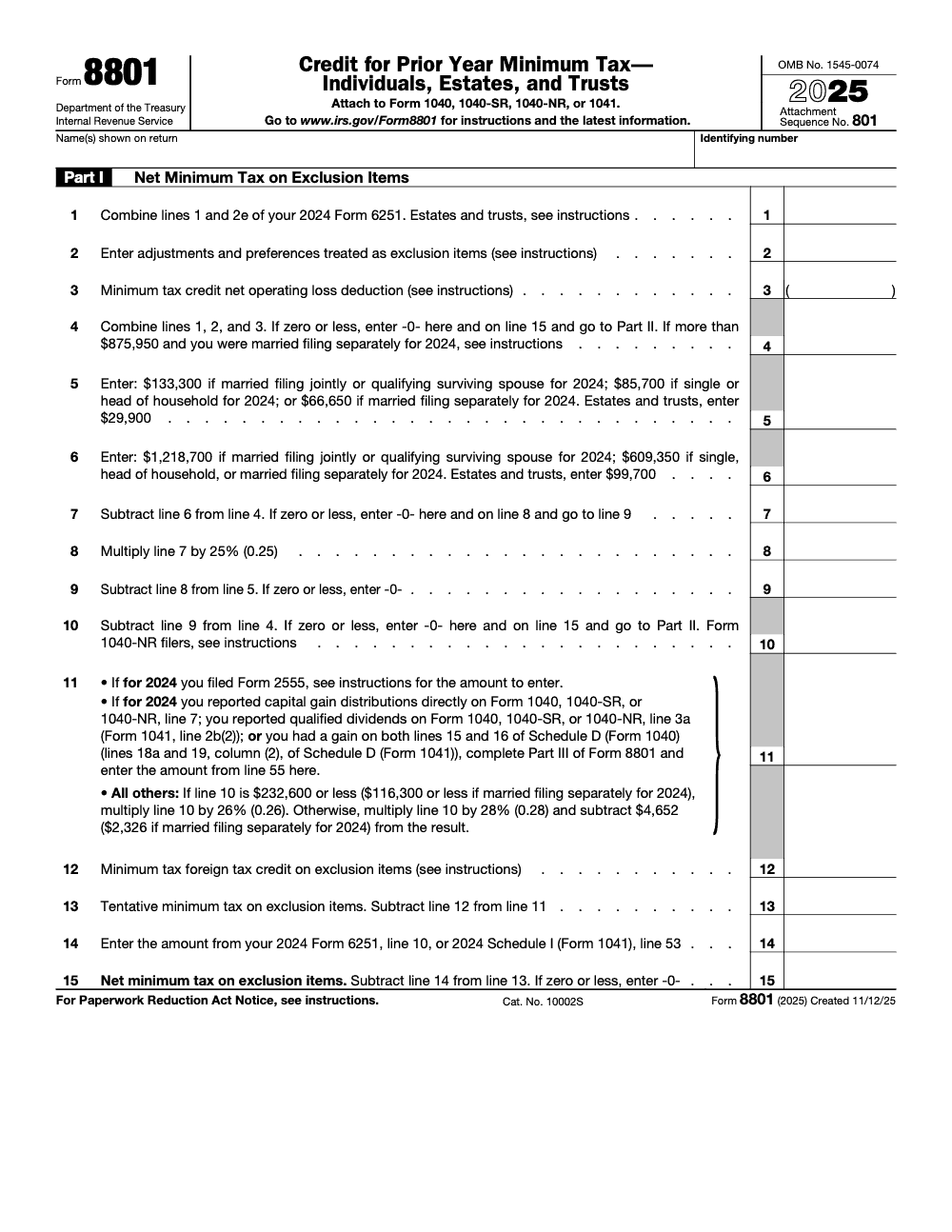 Page 1 of 4 of the official IRS Form 8801 PDF (2025 edition): Parts I, II, III