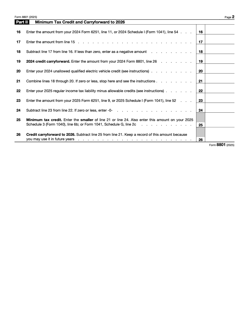 Page 2 of 4 of the official IRS Form 8801 PDF (2025 edition): Part II