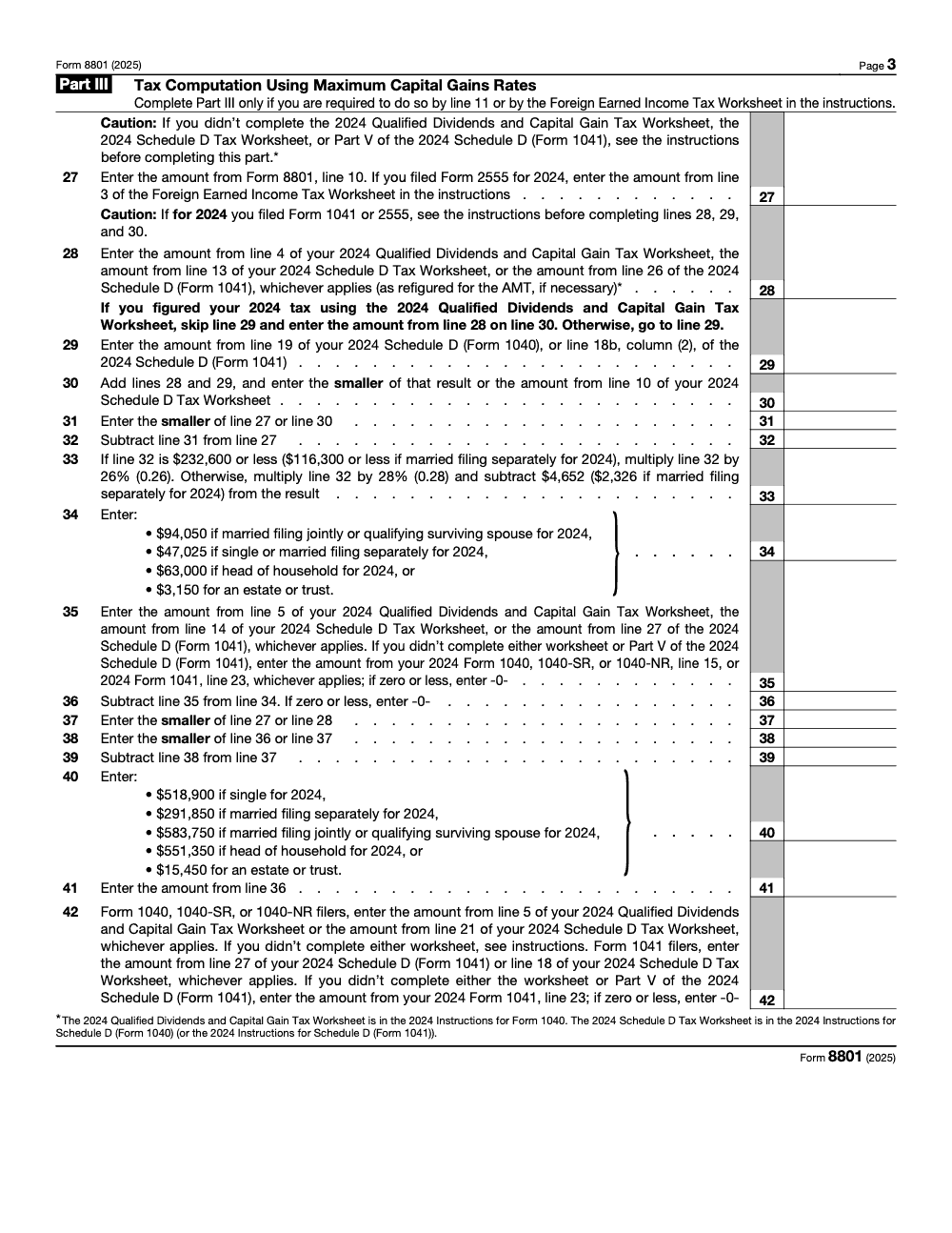 Page 3 of 4 of the official IRS Form 8801 PDF (2025 edition): Parts III, V
