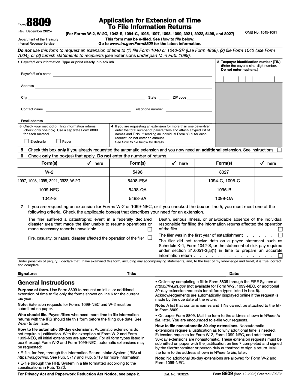 Page 1 of 2 of the official IRS Form 8809 PDF (Rev. December 2025)