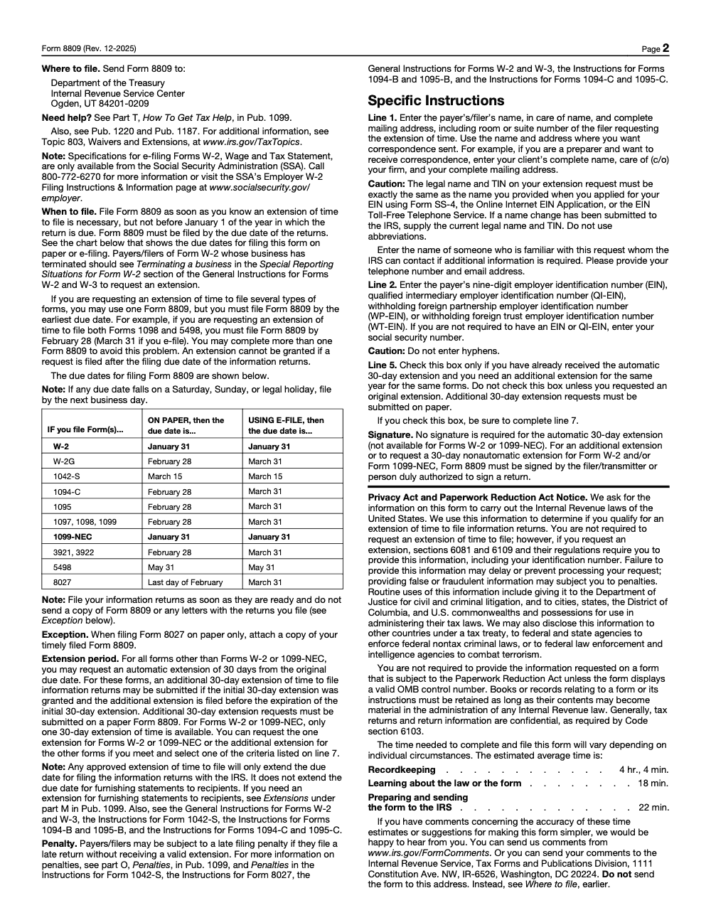 Page 2 of 2 of the official IRS Form 8809 PDF (Rev. December 2025): instructions