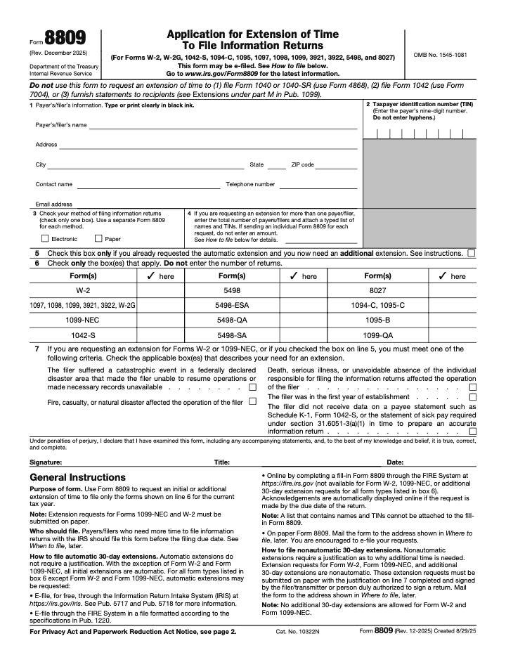 Page 1 of 2 of the official IRS Form 8809 PDF (Rev. December 2025)