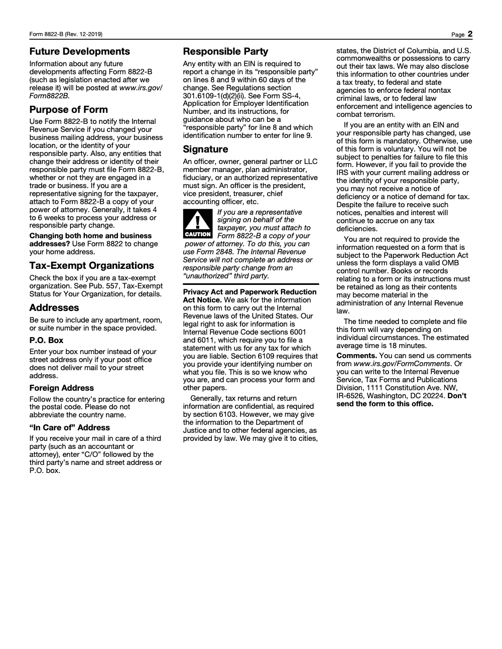 Page 2 of 2 of the official IRS Form 8822-B PDF (Rev. December 2019)