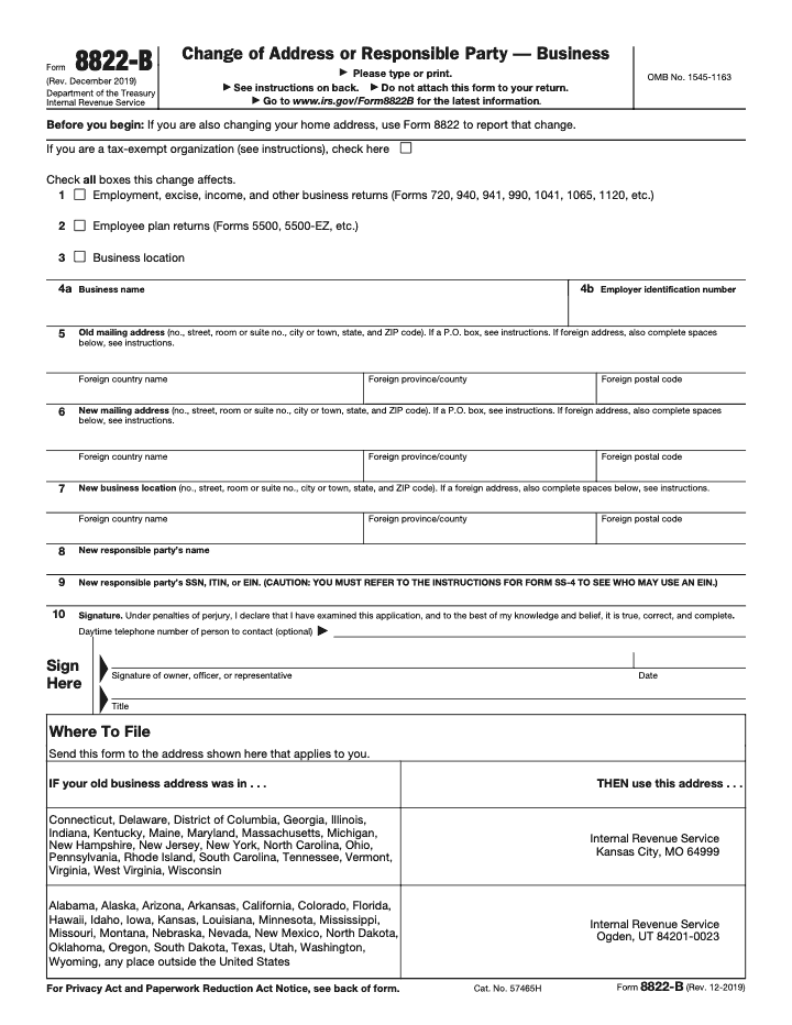 Page 1 of 2 of the official IRS Form 8822-B PDF (Rev. December 2019)