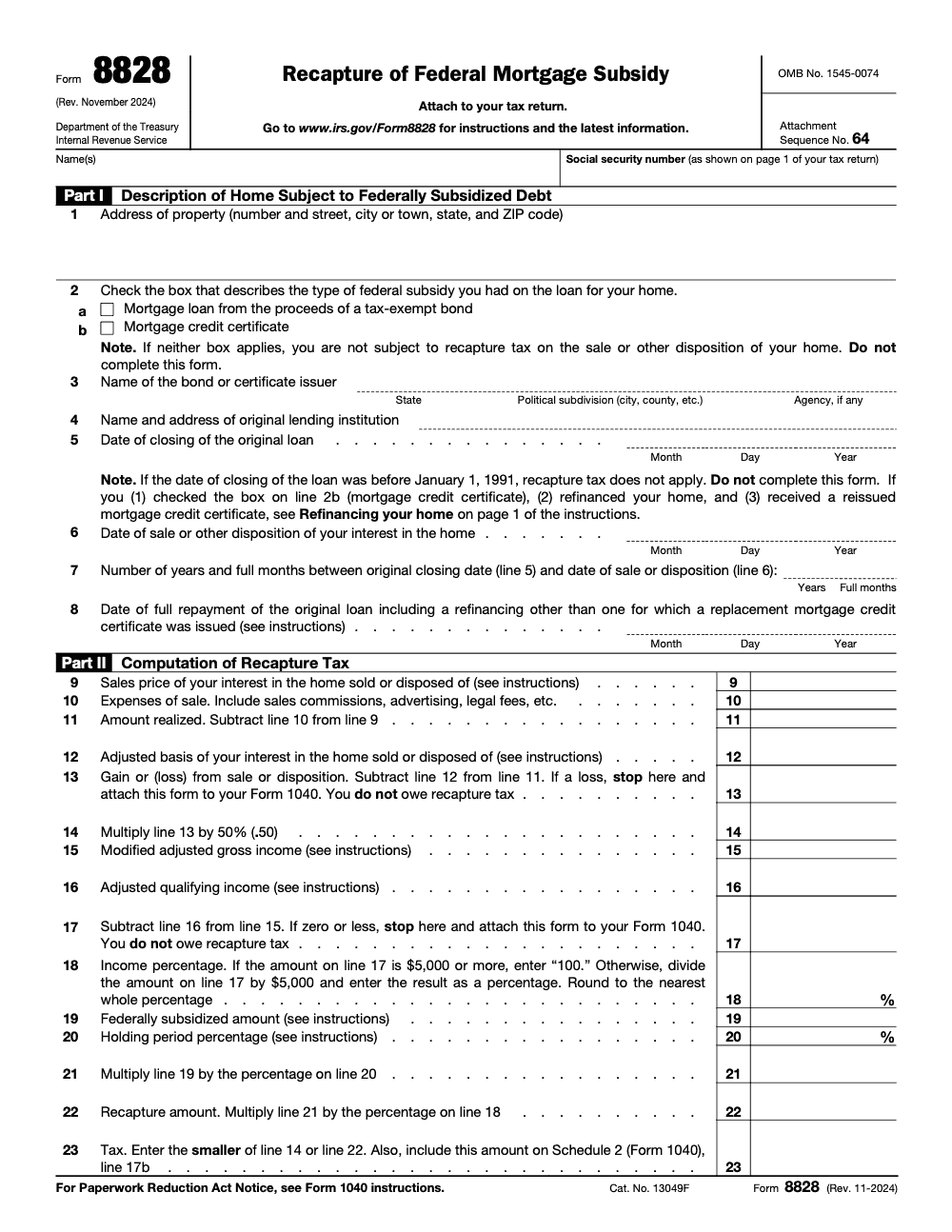 Page 1 of 1 of the official IRS Form 8828 PDF (Rev. November 2024): Parts I, II