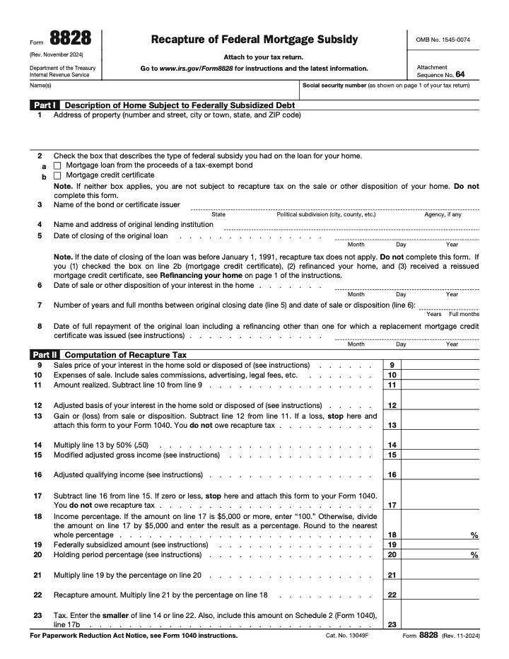 Page 1 of 1 of the official IRS Form 8828 PDF (Rev. November 2024): Parts I, II