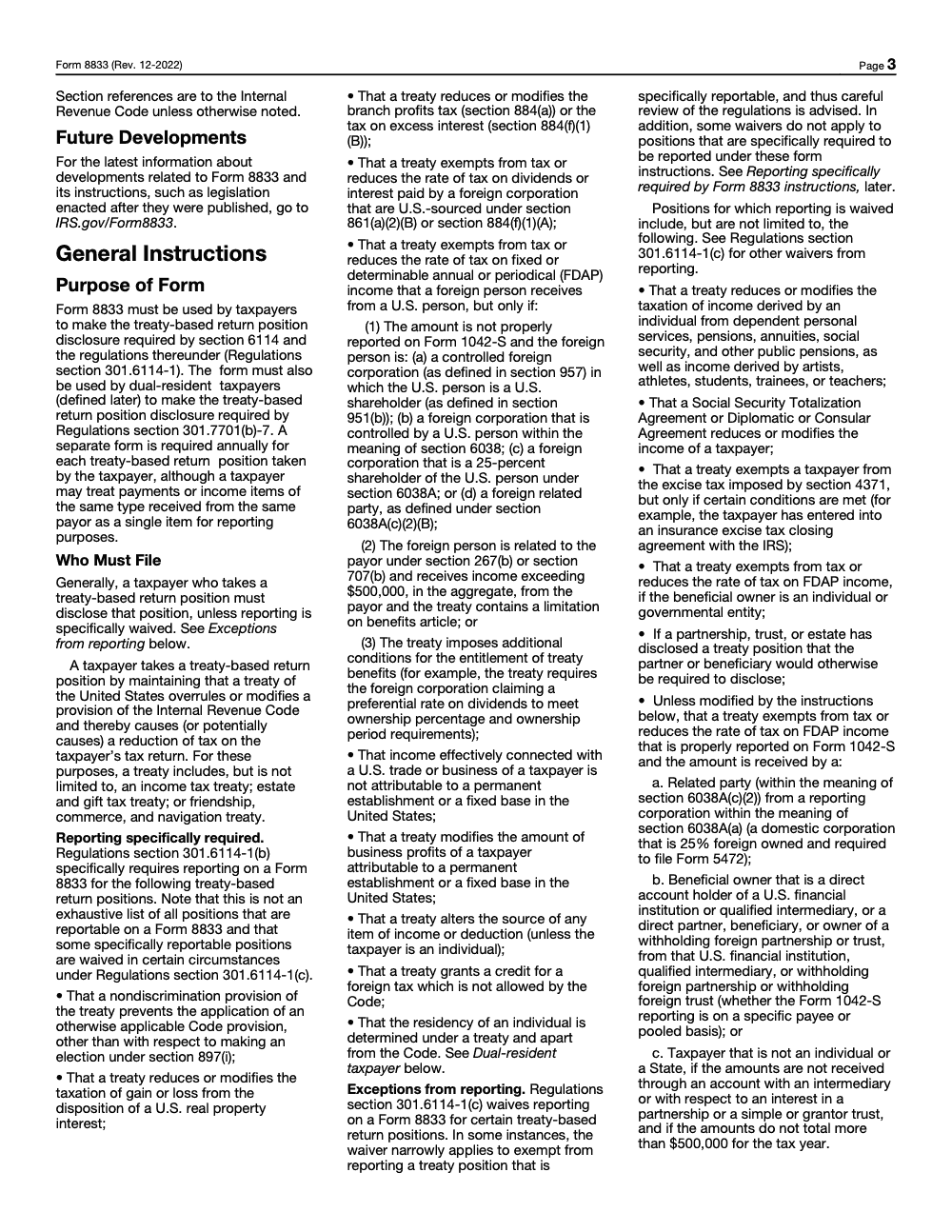 Page 3 of 5 of the official IRS Form 8833 PDF (Rev. December 2022): instructions