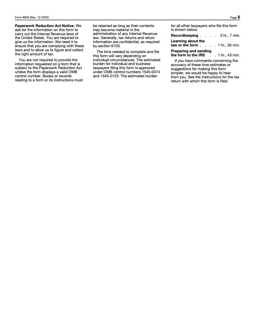 Page 5 of 5 of the official IRS Form 8833 PDF (Rev. December 2022)