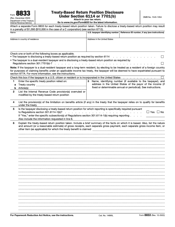 Page 1 of 5 of the official IRS Form 8833 PDF (Rev. December 2022)
