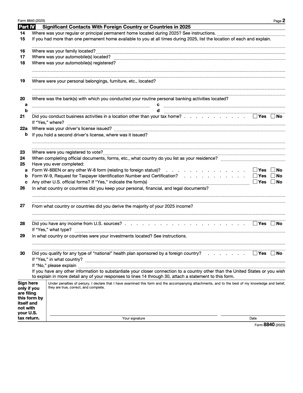 Page 2 of 4 of the official IRS Form 8840 PDF (2025 edition): Part IV