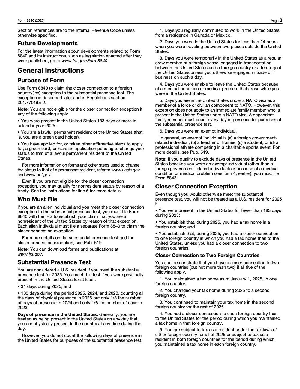 Page 3 of 4 of the official IRS Form 8840 PDF (2025 edition): instructions