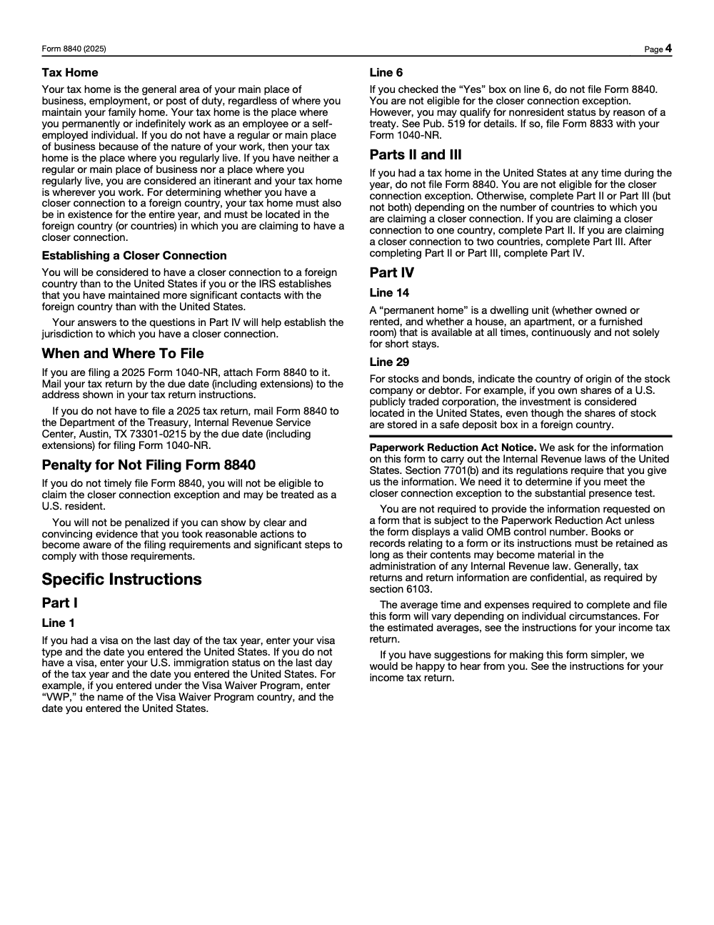 Page 4 of 4 of the official IRS Form 8840 PDF (2025 edition): Parts IV, I; instructions