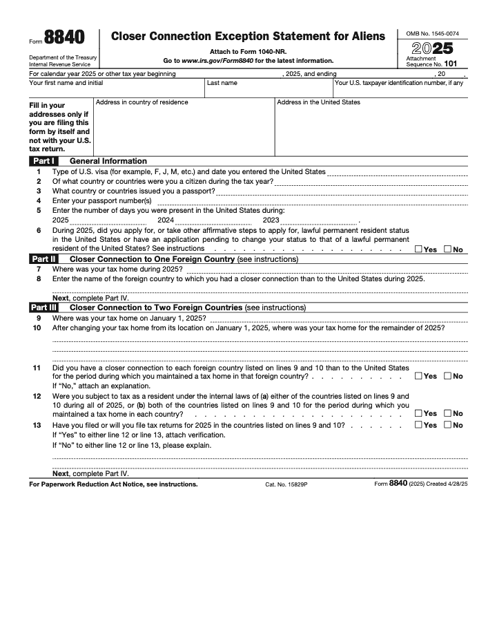 Page 1 of 4 of the official IRS Form 8840 PDF (2025 edition): Parts I, II, IV, III