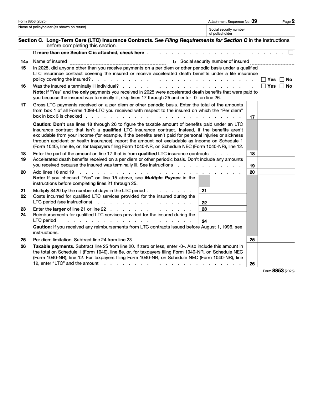 Page 2 of 2 of the official IRS Form 8853 PDF (2025 edition)