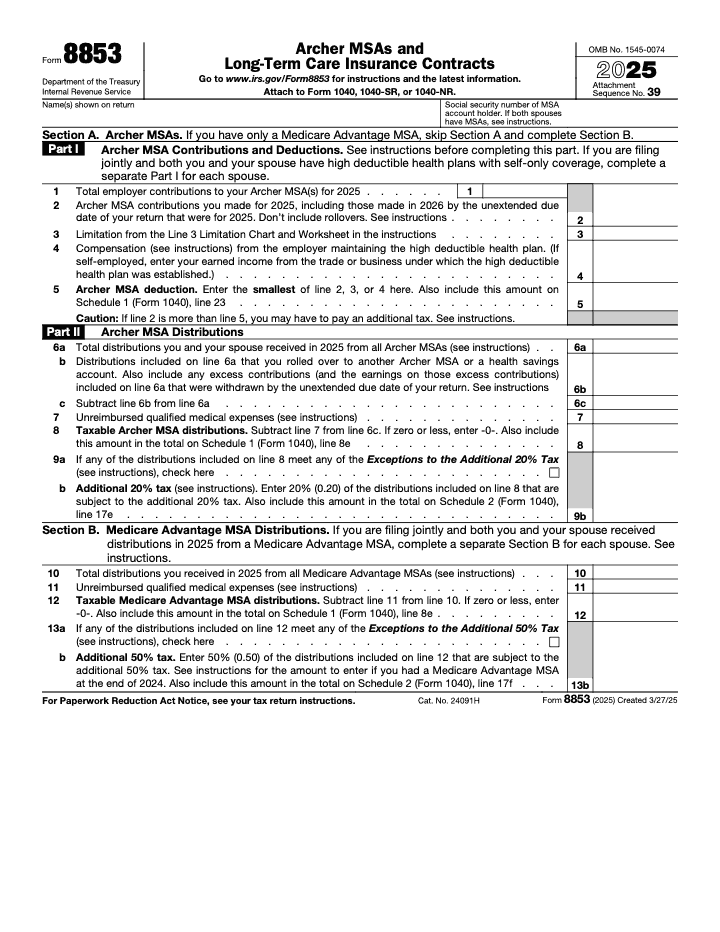 Page 1 of 2 of the official IRS Form 8853 PDF (2025 edition): Parts I, II