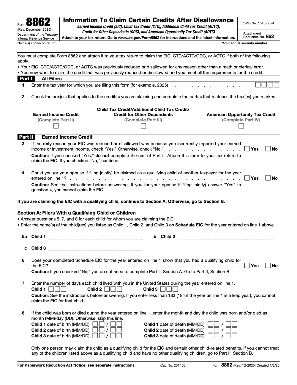 Page 1 of 3 of the official IRS Form 8862 PDF (Rev. December 2025): Parts I, II, III, IV