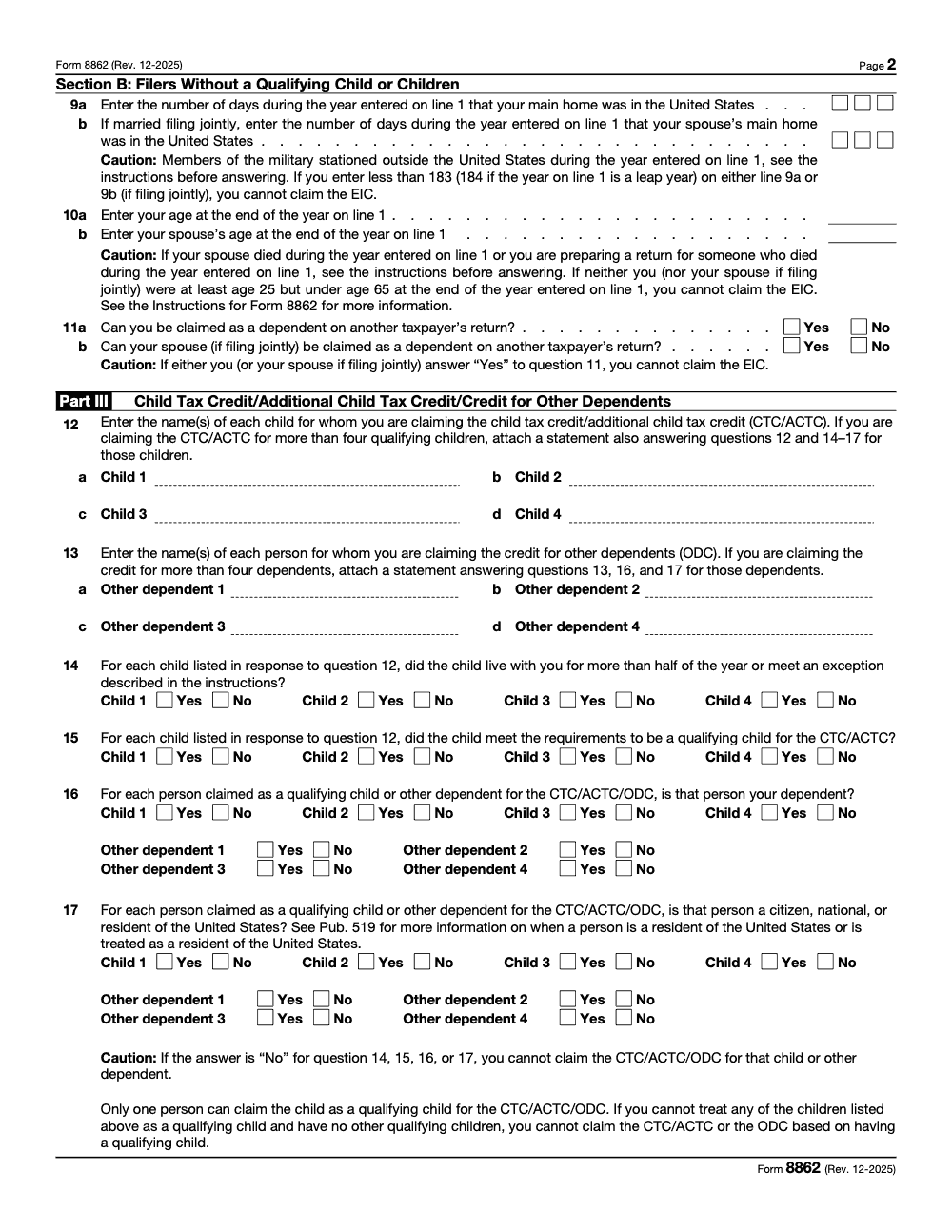 Page 2 of 3 of the official IRS Form 8862 PDF (Rev. December 2025): Part III