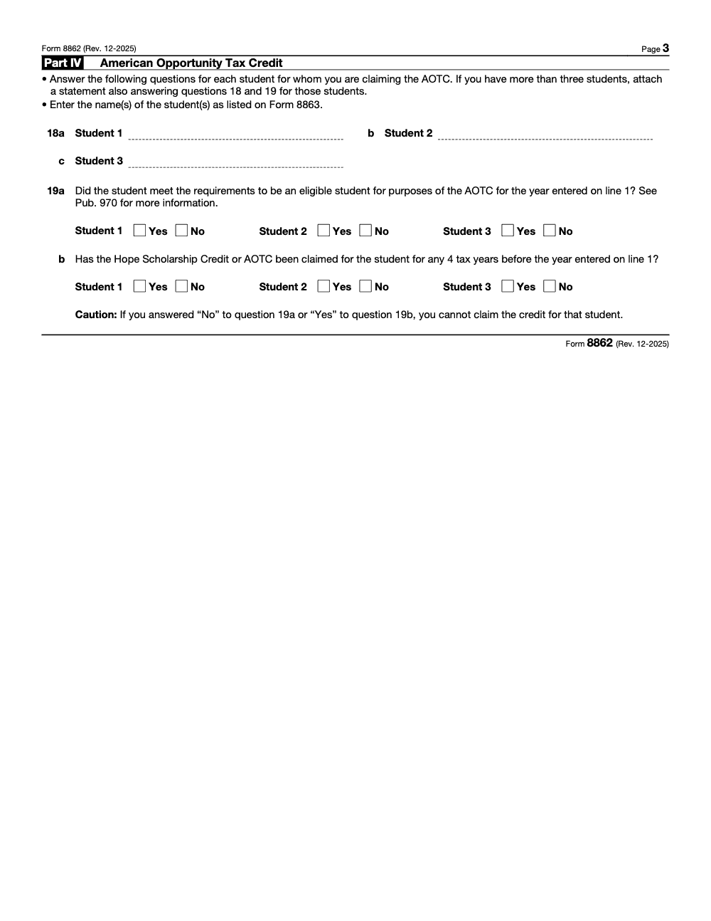 Page 3 of 3 of the official IRS Form 8862 PDF (Rev. December 2025): Part IV