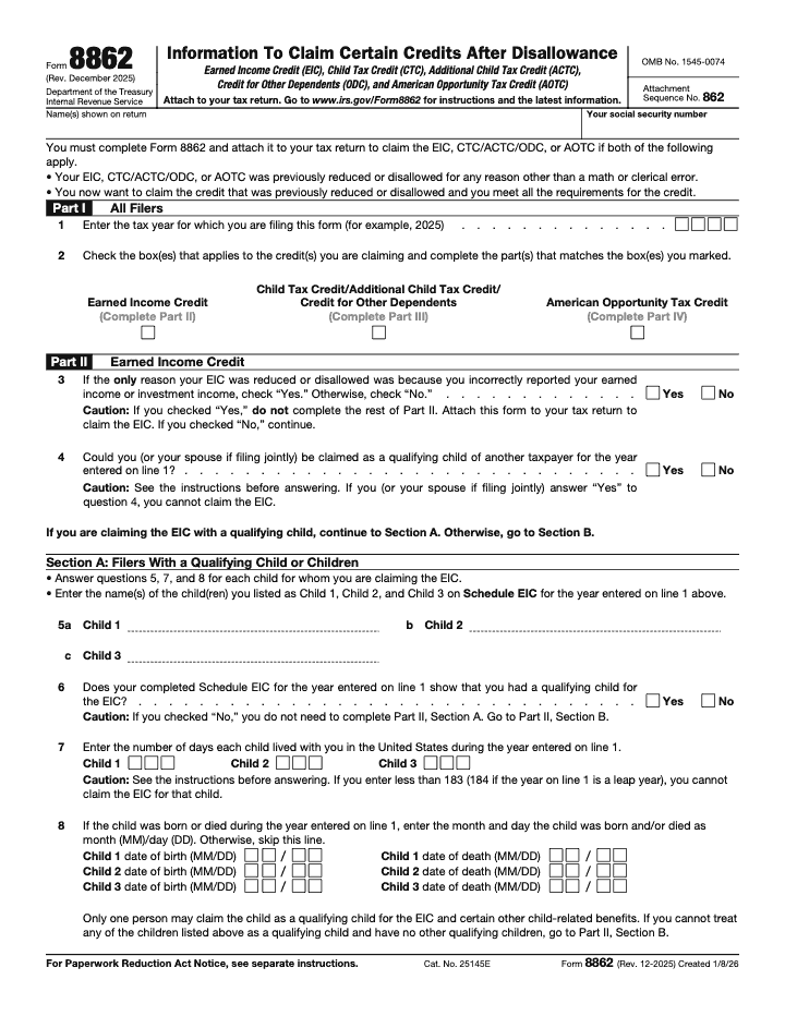 Page 1 of 3 of the official IRS Form 8862 PDF (Rev. December 2025): Parts I, II, III, IV