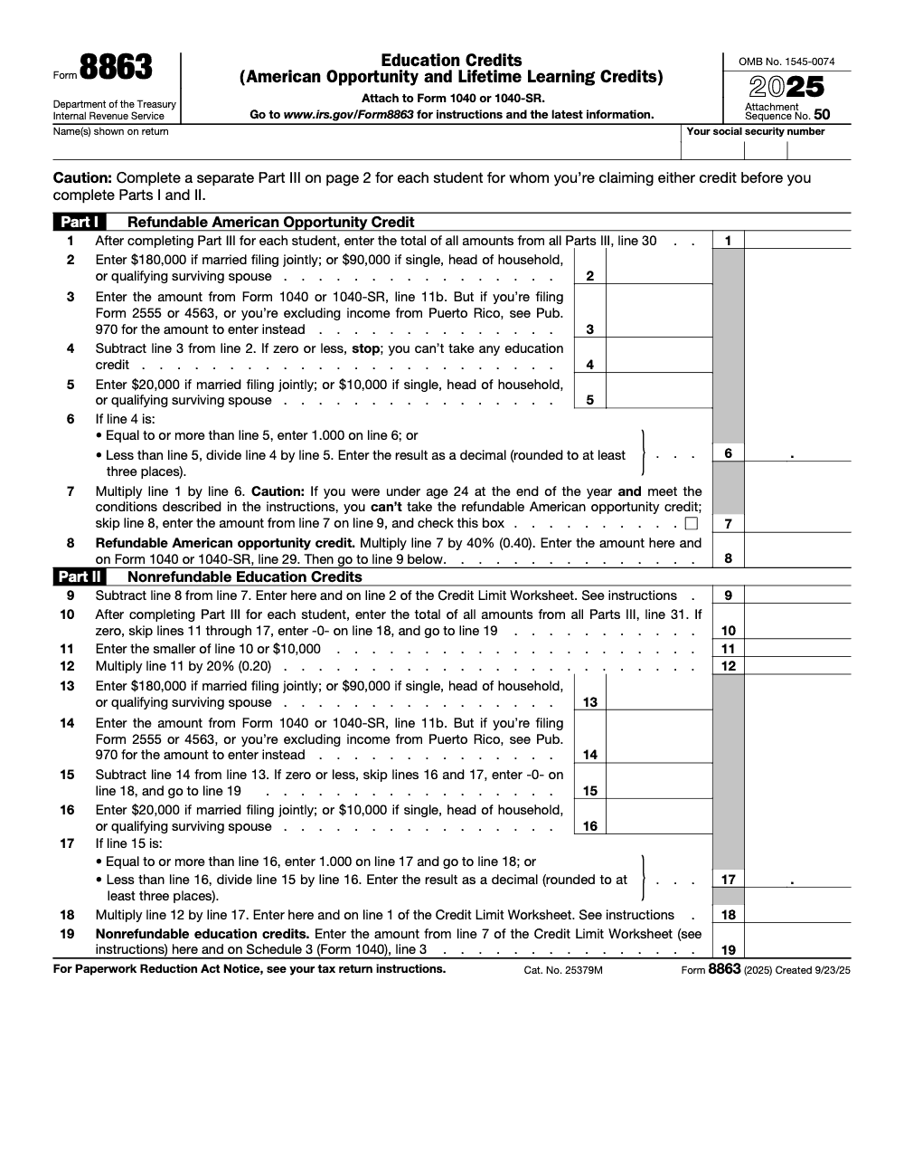 Page 1 of 2 of the official IRS Form 8863 PDF (2025 edition): Parts III, I, II