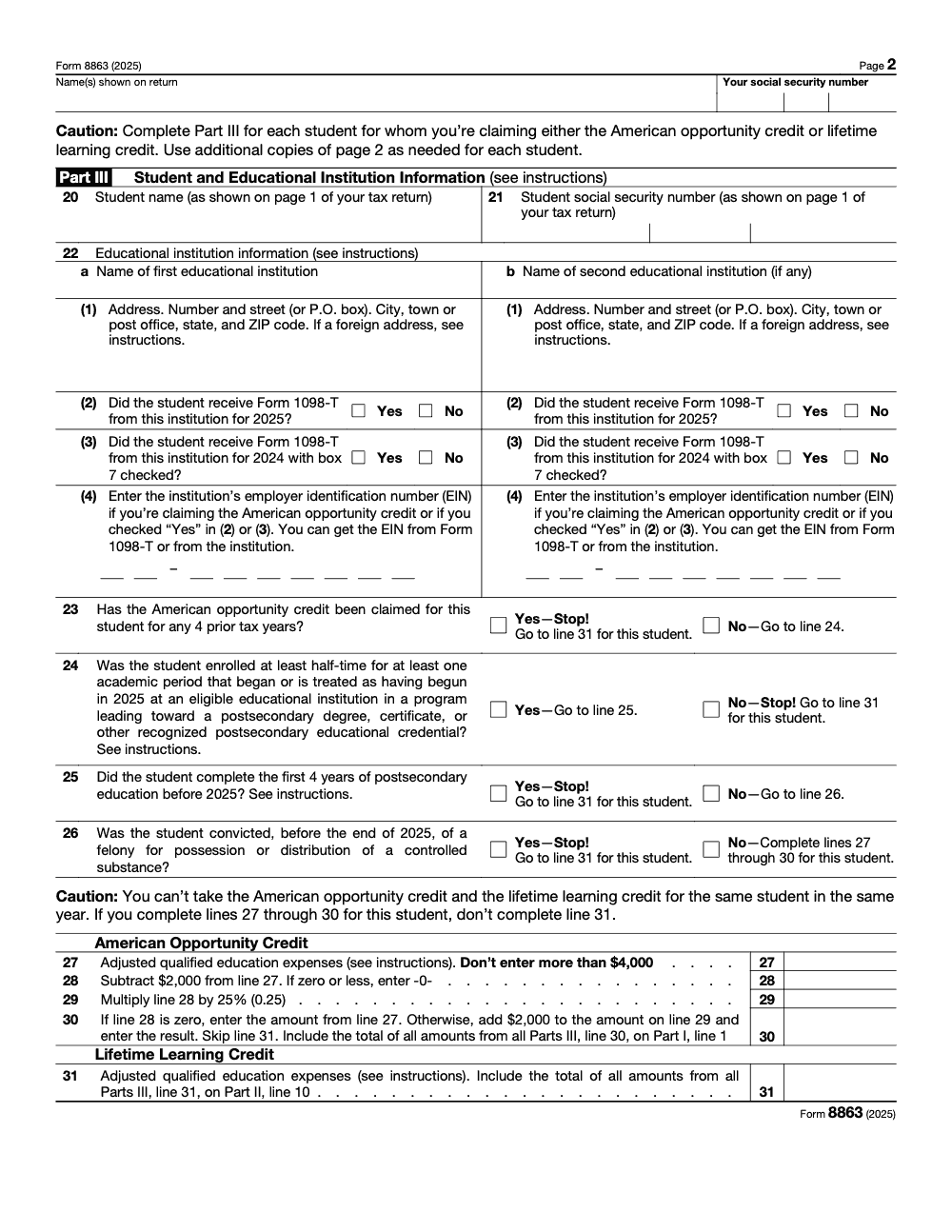 Page 2 of 2 of the official IRS Form 8863 PDF (2025 edition): Part III