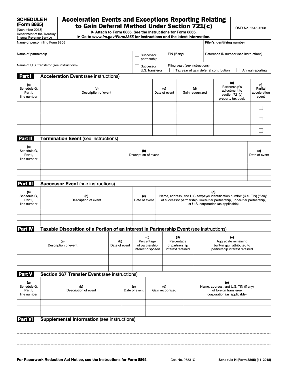 Page 1 of 1 of the official IRS Form 8865 Schedule H PDF (November 2018 edition): Parts I, II, III, IV, V, VI