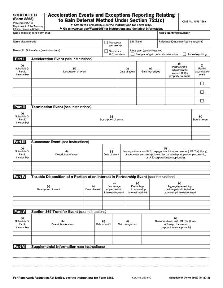 Page 1 of 1 of the official IRS Form 8865 Schedule H PDF (November 2018 edition): Parts I, II, III, IV, V, VI